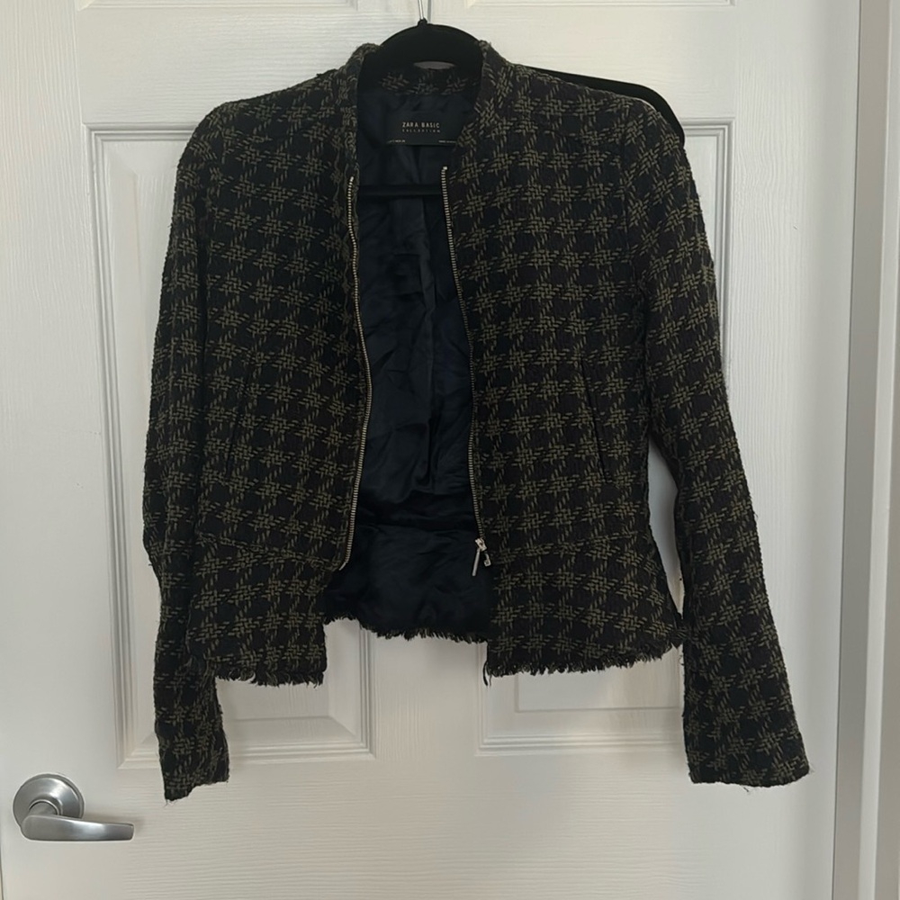 Zara Houndstooth Zipper Jacket, Navy and Green, S